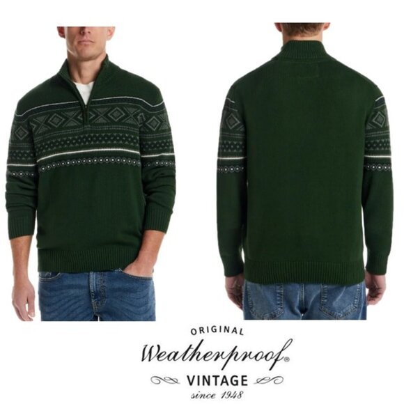 NWT Weatherproof Vintage Men's 1/4 Zip Holiday Cotton Heavyweight Sweater, Green - Picture 1 of 5